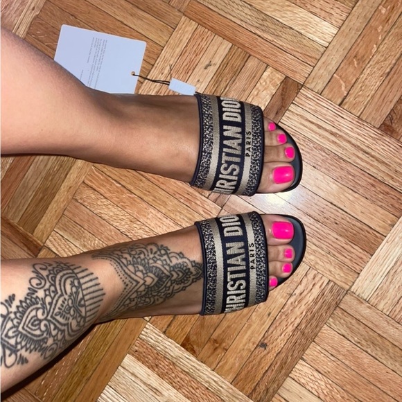 Dior Dway Deep Blue Embroidered Cotton slides - Picture 6 of 9